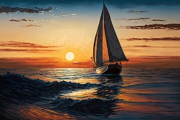 sunset sailboat cruising on calm ocean with sail unfurled, created with generative ai