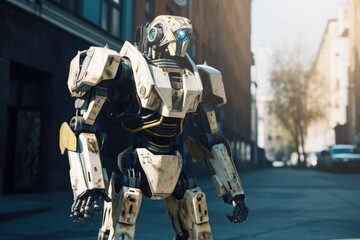 Fototapeta premium mechanical Futuristic Robot in Sunny Day Street, Generative AI Illustration