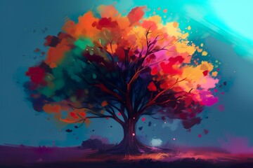 Obraz na płótnie Canvas Abstract Autumn tree with colorful leaves, a digital painting enhanced by Generative AI