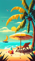 Summer holidays on paradise islands. Beach tourism. Armchair and umbrella on the shore by the ocean. Vertical Illustration of artificial intelligence