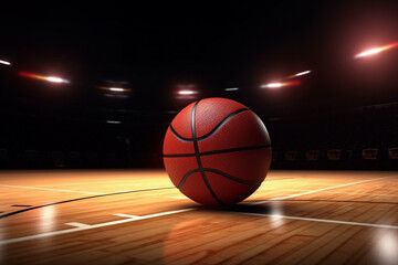 Basketball ball on basketball court in an empty basketball arena, 3d illustration