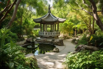 peaceful pagoda garden, with tranquil water features and lush foliage, created with generative ai