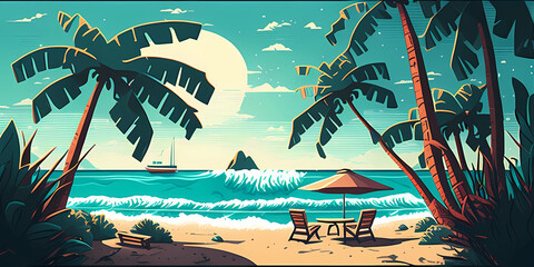 Summer holidays on paradise islands. Beach tourism. Armchair and umbrella on the shore by the ocean. Horizontal Illustration of artificial intelligence