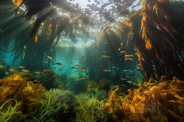 Fototapeta na wymiar kelp forest with schools of colorful fish swimming among the fronds, created with generative ai
