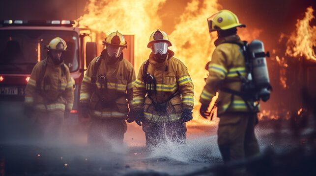 Heldenhafte Feuerwehrleute l&ouml;schen einen Brand, generative AI
