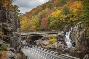 scenic highway, with view of waterfall cascading down the rocks, created with generative ai