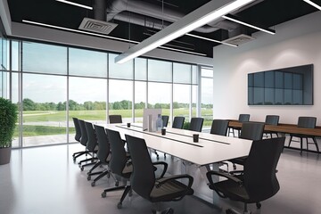 Fototapeta na wymiar furnished meeting room with view of an active factory floor, showcasing the company's commitment to industry and innovation, created with generative ai