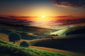 Naklejka na ściany i meble peaceful sunset over meadow surrounded by rolling hills, created with generative ai