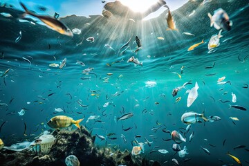 Naklejka na ściany i meble microplastic pollution in the ocean, with fish and plankton swimming among the plastic, created with generative ai