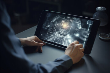 Doctor hands with tablet anatomy body part hologram, analysis, healthcare or future medical development, Medical industry concept ai generative.