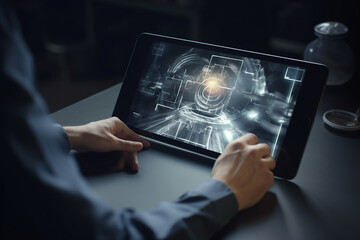 Fototapeta premium Doctor hands with tablet anatomy body part hologram, analysis, healthcare or future medical development, Medical industry concept ai generative.