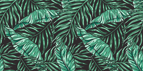 Tropical exotic green leaves or plant seamless pattern for summer background and beach wallpaper