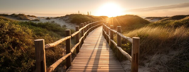 Wooden boardwalk leading to sand dunes at sunset in summer, a scenic vista enhanced by Generative AI