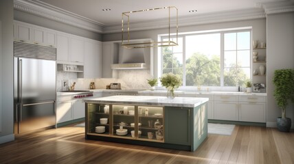 Modern spacious kitchen in white and pistachio finishes with open shelves, kitchen island, modern appliances. Generative AI