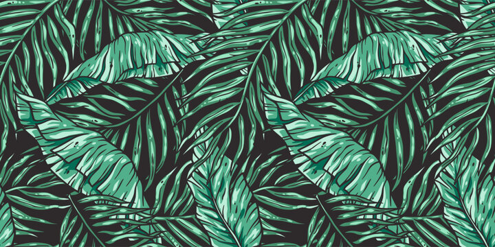 Tropical exotic green leaves or plant seamless pattern for summer background and beach wallpaper