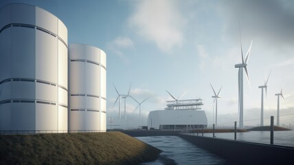 Fototapeta premium Modern power plant with wind turbines, large power units. The concept of alternative energy. Ecology is the top priority. Generative AI