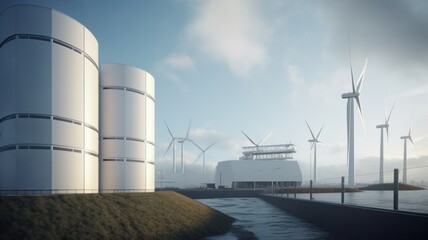 Obraz premium Modern power plant with wind turbines, large power units. The concept of alternative energy. Ecology is the top priority. Generative AI
