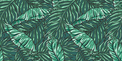 Naklejka na ściany i meble Tropical exotic green leaves or plant seamless pattern for summer background and beach wallpaper