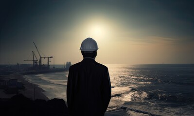 silhouette of engineer in safety hat standing in front of Offshore oil platform station, energy industry. Generative Ai.