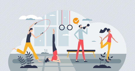 Health and fitness exercises in sport activity gym tiny person concept. Weight loss and strength gain with body training and physical aerobics vector illustration. Workout for energy and beauty.