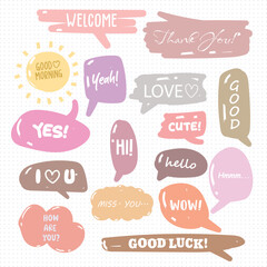 Hand drawn set of colorful speech bubbles with dialogue words, vector speech bubbles doodle setv