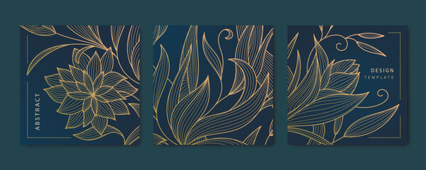 Vector set of abstract luxury golden square cards, post templates for social net, leaves botanical modern, art deco wallpaper background. Pattern, texture for print, fabric, packaging design - obrazy, fototapety, plakaty