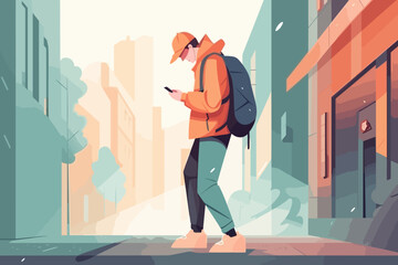 Man bury in smartphone walk down street flat illustration