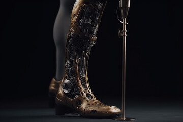 Demonstration of modern prosthetic legs foot feet on black background, assistive devices, prosthetic design, rehabilitation. AI Generative.