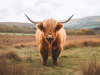 Photo of a highland cow scotland in a field