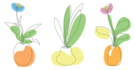 A collection of abstract flowers drawn in a one line. Continuous linear botanical pattern. Modern design. Black outline and colored spots. Set of designs for posters, paintings, prints, postcards.