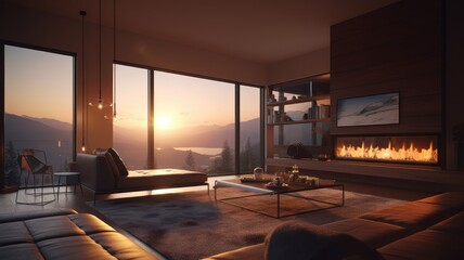 Living room in a minimalist style with a soft leather couch, a coffee table, a bio-fireplace and a large TV on the wall. Large windows overlooking spectacular sunset sky. Generative AI
