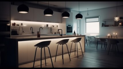 Modern minimalist kitchen in black and white with loft-style elements, spectacular lighting, counter and bar stools. Generative AI