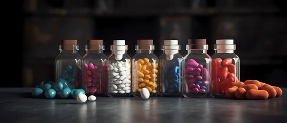 Fototapeta na wymiar Medical pills with drug bottles. Generative AI