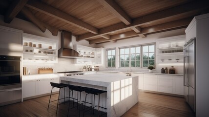 Modern stylish white kitchen in a spacious wooden house with large windows. Kitchen island with counter and bar stools. Generative AI