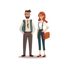 Male and female young teacher in casual clothes at blackboard with copy space showing something and pointing up isolated vector illustration 02