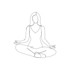 Yoga.Girl in the lotus position.Yoga position one line drawing.Relax. Meditation.One line style.Continuous line drawing.Hand-drawn contour lines.Minimalist style vector design illustration.