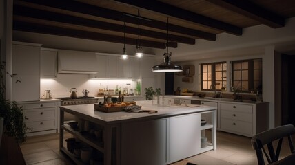 Fototapeta premium Modern stylish white kitchen in a spacious wooden house with large windows and beamed ceilings. A kitchen island with a spacious and comfortable work surface and plenty of kitchen Generative AI