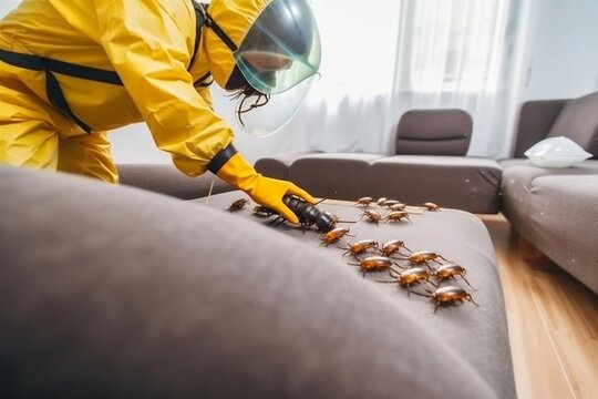 uniform insect termite cockroach kill pest control exterminator pesticide sofa. Generative AI.