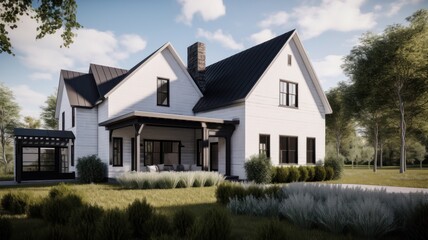 Modern large and spacious wooden house with white walls and black roof in Scandinavian style with a well-maintained yard surrounded by greenery and trees. Generative AI