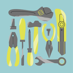 Various working tools. Different instruments isolated on blue background. Handmade, handcraft, construction, building, repair, DIY concept. Card, logo, poster template, etc.