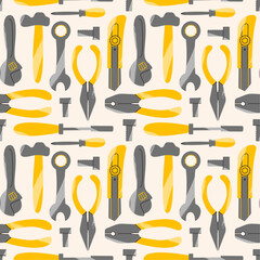 Seamless pattern with repair working tools. Various working instruments on light background. Equipments for renovation and working concept. Vector texture.