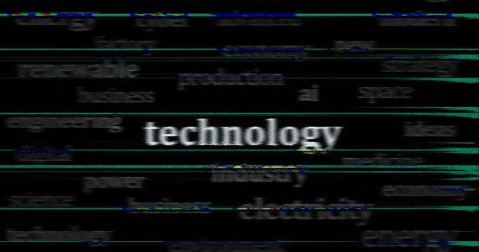 Technology industry business and artificial intelligence headline news across international media. Abstract concept of news titles on noise displays loop. TV glitch effect seamless and looped.