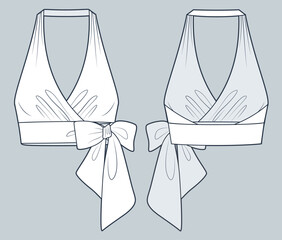 Knotted Top technical fashion Illustration. Halter Top fashion flat technical drawing template, draping, slim fit, front and back view, white, women CAD mockup.