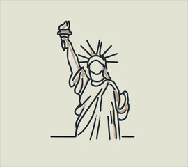 Illustration design hand drawn icon, statue of liberty, half body, in new york harbour, united states of america.