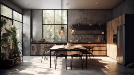 Fototapeta na wymiar Spacious comfortable kitchen in white, gray and beige with large floor to ceiling windows. Dining table and chairs in the center. Modern kitchen style minimalism and loft. Generative AI