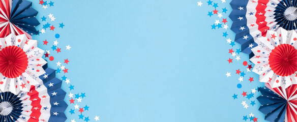 4th of July, USA Presidents Day, Independence Day, Memorial day, US election concept. Red white and blue paper fans with stars confetti on blue background. Flat lay, top view, copy space, banner