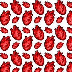 A pattern of the contour of human hearts and drops. Seamless pattern with hearts and drops, different hearts of different shades of red on a white background. Color transition. Printing on paper