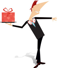 Cartoon young man holding a gift box. 
Happy smiling man holds a big present box. Isolated on white background illustration
