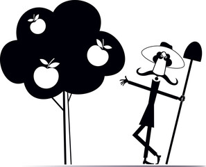Agricultural worker in garden.
Gardener holding a spade, standing near apple tree full of ripe apple on. Harvesting man. Black and white illustration
