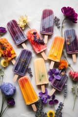 Obraz na płótnie Canvas Flat lay photo of frozen popsicles and colorful edible flowers on white background. Natural summer dessert. Generative Ai